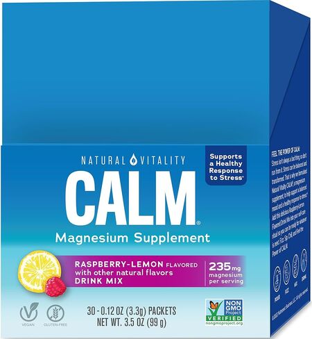 Natural Vitality Calm, Magnesium Citrate Supplement, Anti-Stress Drink Mix Powder - Gluten Free, Vegan, & Non-GMO, Raspberry Lemon, 0.12 oz, 30 Packets in Saudi Arabia