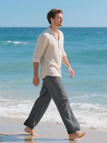 HOTake Men's Linen Pants Casual Beach Summer Vacation Linen Dress Pants Loose Fit in Kuwait