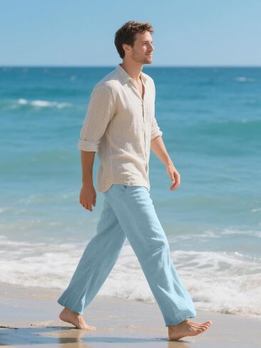HOTake Men's Linen Pants Casual Beach Summer Vacation Linen Dress Pants Loose Fit in Kuwait
