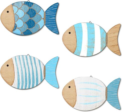 Putuo Decor 4 Pcs Wood Fish Wall Art, Nautical Beach Decor, Wooden Fish Hanging Sculptures, Blue (5.5 In) in Saudi Arabia