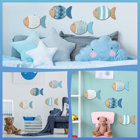 Putuo Decor 4 Pcs Wood Fish Wall Art, Nautical Beach Decor, Wooden Fish Hanging Sculptures, Blue (5.5 In) in Saudi Arabia