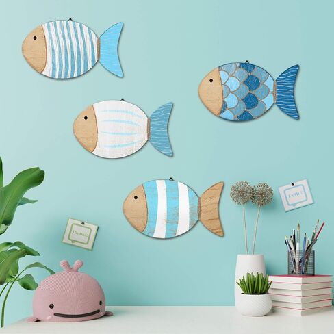Putuo Decor 4 Pcs Wood Fish Wall Art, Nautical Beach Decor, Wooden Fish Hanging Sculptures, Blue (5.5 In) in Saudi Arabia