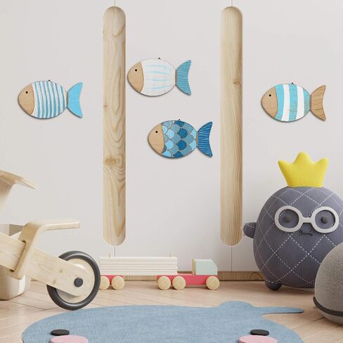 Putuo Decor 4 Pcs Wood Fish Wall Art, Nautical Beach Decor, Wooden Fish Hanging Sculptures, Blue (5.5 In) in Saudi Arabia