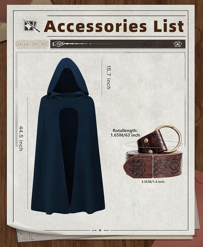 Renaissance Costume Medieval Viking Hooded Cape Halloween Vintage Cloak with Belt Accessories Set for Men Women in Kuwait