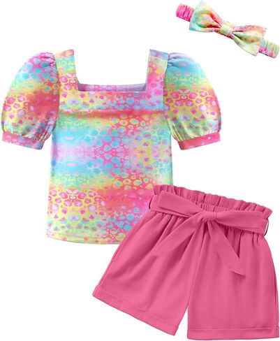 Arshiner Toddler Girl Clothes Square Neck Puff Sleeve Tops + Paper Bag Shorts + Headband 3pcs Summer Little Girl Outfits 2-8Y in Saudi Arabia