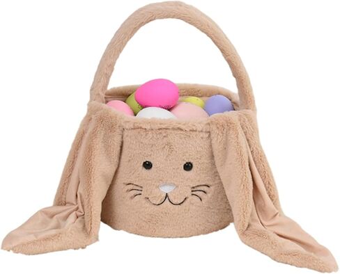 Plush Easter Bunny Basket Bags for Kids, Rabbit Bucket Tote with Long Fluffy Ears, Cute Egg Hunts Party Storage Candy Gifts Carry Bucket Decorations (White + Pink) in Saudi Arabia