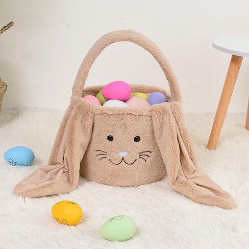 Plush Easter Bunny Basket Bags for Kids, Rabbit Bucket Tote with Long Fluffy Ears, Cute Egg Hunts Party Storage Candy Gifts Carry Bucket Decorations (White + Pink) in Saudi Arabia
