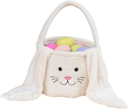 Plush Easter Bunny Basket Bags for Kids, Rabbit Bucket Tote with Long Fluffy Ears, Cute Egg Hunts Party Storage Candy Gifts Carry Bucket Decorations (White + Pink) in Saudi Arabia