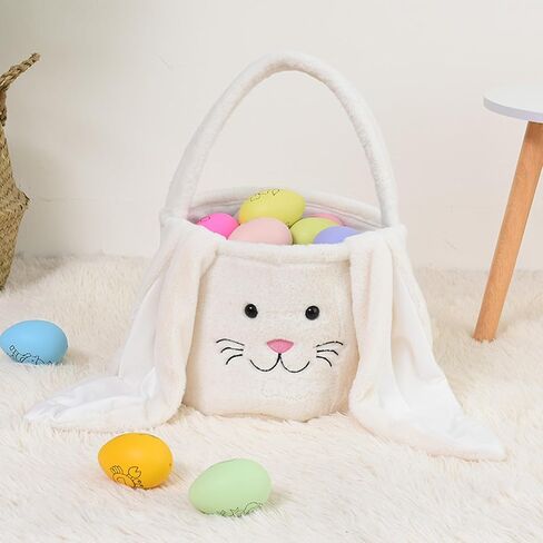 Plush Easter Bunny Basket Bags for Kids, Rabbit Bucket Tote with Long Fluffy Ears, Cute Egg Hunts Party Storage Candy Gifts Carry Bucket Decorations (White + Pink) in Saudi Arabia