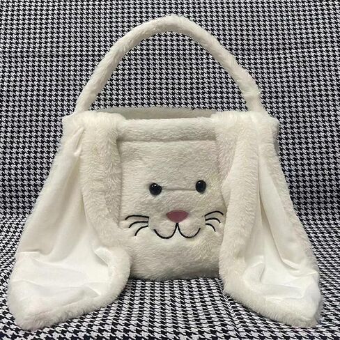 Plush Easter Bunny Basket Bags for Kids, Rabbit Bucket Tote with Long Fluffy Ears, Cute Egg Hunts Party Storage Candy Gifts Carry Bucket Decorations (White + Pink) in Saudi Arabia