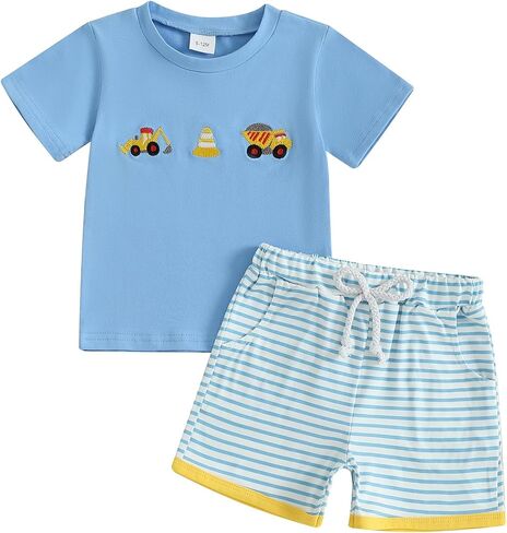 Toddler Baby Boy Summer Outfits Excavator Embroidery Short Sleeve T-Shirt Top Seersucker Stripe Shorts Set in Kuwait