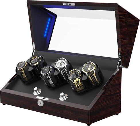 Watch Winder, for Rolex Automatic Watches with Soft and Flexible Watch Pillows, Wooden Shell, Powered by Japanese Motor, Built-in Blue LED Illuminated(Triple Tree) in Kuwait