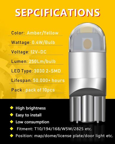 UNXMRFF 194 LED Bulbs Amber/Yellow, T10 W5W 2825 168 LED Bulbs 3030 Chips 2-SMD 194 Bulb Replacement for 12V License Plate Light, Dome Map Light, Side Marker Light, Courtesy Light Bulbs, Pack of 10 in Saudi Arabia