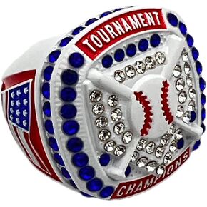 خواتم رياضية مخفضة، HOME PLATE CHAMPION RING - جسم أبيض، أحجار زرقاء، جوانب حمراء، حلقة بيسبول وطنية ممتازة للكرة اللينة / جوائز اللاعب / الفريق / حلقة البطولة 10-8 in Saudi Arabia