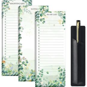 Epakh 3 Sets Magnetic Notepad List Pads Magnet Grocery Refrigerator Notepad List Pad Memo with PU Leather Pen Holder 3 x 7.9 Inch(Eucalyptus Leaf)