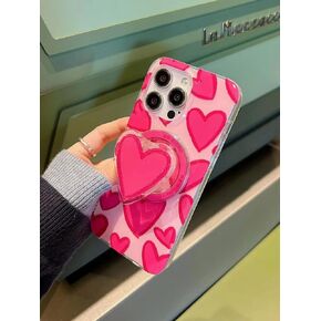 iPhone 15 Cute Case with Heart Shape Phone Grip and Kickstand, [Compatible with MagSafe] TPU Shockproof Protective Cover for iPhone 15 6.1", Support Wireless Charging - Pink