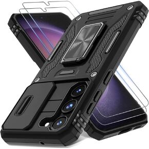 DEERLAMN for Samsung Galaxy S24 Ultra Case with Slide Camera Cover+Screen Protector (1 Pack), Rotated Ring Kickstand Military Grade Shockproof Protective Cover-Black