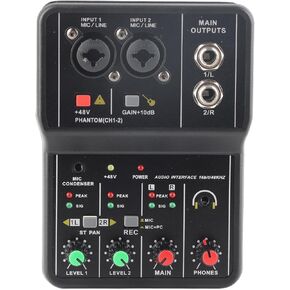 ASHATA 2 Channels Audio Mixer, Sound Card USB 48V Phantom Power Compact Sound Mixing Console, USB Soundcard for PC Recording for Music Recording Home Karaoke Internet Karaoke
