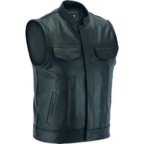 Leatherick Anarchy Club Men's Black Leather Waistcoats - Motorcycle Biker Vests Stitched with Red & Black Liner
