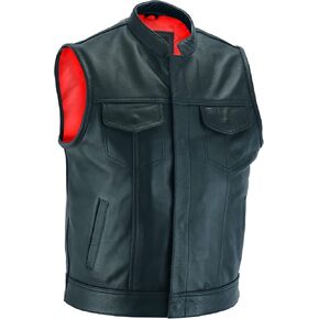 Leatherick Anarchy Club Men's Black Leather Waistcoats - Motorcycle Biker Vests Stitched with Red & Black Liner in Kuwait
