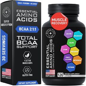 Essential Amino Acids Complex for Men & Women - Vegan BCAA Amino Acid Supplement with All 9 BCAAs Essential Aminos - Non-GMO, Gluten-Free Advanced Workout Power & Recovery Formula - 120 EAA BCAA Pills