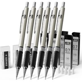 Four Candies Metal Mechanical Pencil Set - 6PCS 0.7mm Art Mechanical Pencils & 360PCS HB Lead Refills & 3PCS Erasers & 9PCS Eraser Refills, Drawing Mechanical Pencils for Writing, Sketching/With Case