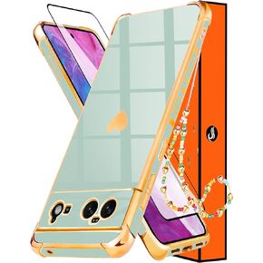 Shorogyt (3in1 Heart Case for Google Pixel 6 Case 5G 6.4 Inch Women Cute Aesthetic Love Hearts Pattern Girls Purple Gold Luxury Girly Design Phone Cases Cover+Screen+Chain for Pixel 6 Case 5G 6.4''