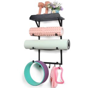 Yoga Mat Holder, Wall Mount Yoga Mat Rack Home Gym Accessories, Storage for Foam Roller, with Wood Floating Shelves and 5 Hooks for Hanging Yoga Strap and Resistance Bands