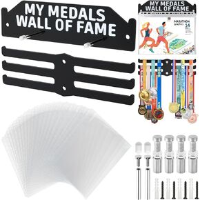 Cosmos Race Medal Wall Mount Display Holder Acrylic Running Bib Hanger Race Bibs Board Medal Wall Rack with 20 Pcs Vinyl Sleeves for Sports Marathon Medal Hanging & Displaying 30 Medals & 20 Race Bibs