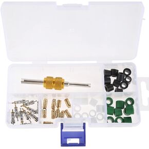 51PCS Air Conditioning Valve Core Kit Including A/C R22 R410 Refrigeration Valve, Refrigeration Tire Valve Stem Cores, Hose Gaskets, A/C Valve Core Assortment Kit for Most Cars