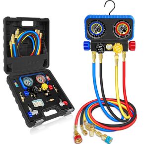 AC Manifold Gauge Set R134A R1234YF, Automotive 4 Way Car AC Gauge Set for R1234yf R134a R404a, Auto R1234yf R134a Refrigerant Air Conditioner Recharge Kit, HVAC Gauges with Hoses