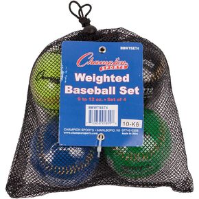 Champion Sports Weighted Training Baseball Set - Rubber Cork Core - Leather Cover - Set of 4 Balls - Graduated Weights - 9 to 12 oz - 9 Inch Diameter