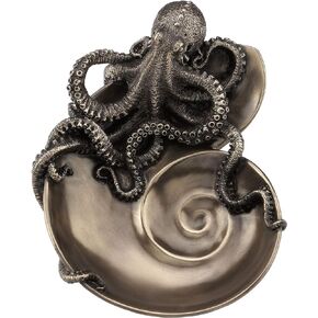 Container of Curiosity: Intricately Crafted Bronze Octopus on Nautilus Shell Cast Resin Tray, A Nautical Marvel of Mythical Elegance and Curious Delight