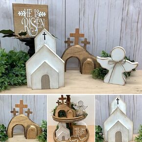4PCS Easter Empty Tomb Jesus Decor Wooden Nativity Scene Set Resurrection Religious Farmhouse Statue He is Risen Signs Tiered Tray Ornament for Spring Holidays Indoor Home Table Decoration