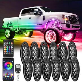 12 Pods LED Rock Lights Kit, APP/RF Control Multicolor MagicRGB Underglow Neon Lights Waterproof Brake Light Music Mode Exterior Rock Lights for Car Jeep Truck ATV RZR UTV Off Road