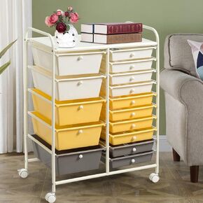 15-Drawers Rolling Storage Cart, Mobile Book Paper Organizer Utility Trolley with Wheels, Ideal for School, Office, Home (Yellow)