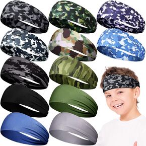 12 Pieces Boys Headbands Kids Sports Sweatbands Camo Elastic Athletic Headbands Toddler Soft Wicking Headbands Head Wrap for Boys Girls Football Soccer Workout Basketball Running