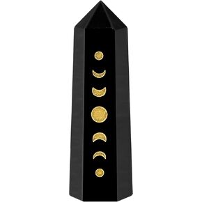 Rockcloud Moon Phase Engraved Crystal Point, Lunar Eclipse Hexagonal Wand Pocket Stone for Reiki Meditation Home Decoration, Obsidian