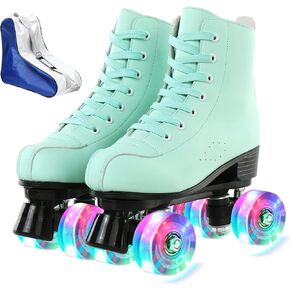 Roller Skates for Women Cozy Green PU Leather High-top Roller Skates for Beginner, Indoor Outdoor Double-Row Roller Skates with Shoes Bag