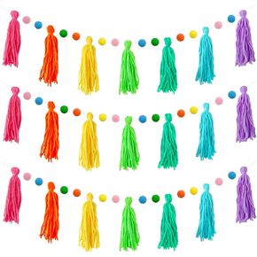 3 Pcs Colorful Rainbow Boho Tassel Garland Pom Pom Classroom Banner Decorative Wall for Thanksgiving Christmas Baby Show Birthday Party Bedroom Kids Nursery Decor Photography Prop in Kuwait