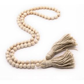Ornativity Farmhouse Beads Wooden Garland- Wood Prayer Bead Garland with Tassels Boho Rustic Accented Home décor Country Style Hanging Beads 60 inches (Natural Wood)