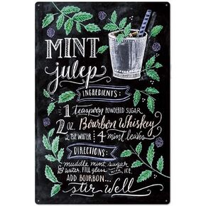 Vintage Mint Julep Cocktail Recipe Tin Metal Signs Wall Art Decoration - Funny and Unique Artwork for Bar/Man Cave/Kentucky Derby Party Decorations