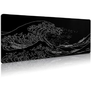 Japanese Sea Wave Large Gaming Mouse Pad, Anime Black Extended Kanagawa Mouse Pad with Stitched Edges 3mm for Home Office, 31.5 X 11.8 Inch