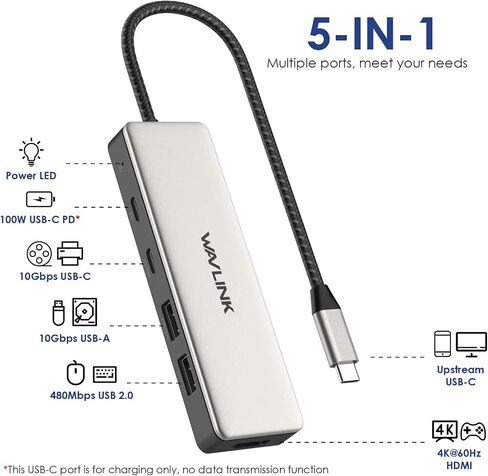 10Gbps USB C Hub, WAVLINK USB C Multiport Adapter, Data Speed Up to 10GBPs, 4k 60hz HDMI Port, 100W Power Delivery, USB C Hub HDMI for MacBook Pro/Air iMac iPad Pro Dell Chromebook and More in Saudi Arabia