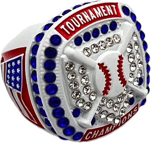 خواتم رياضية مخفضة، HOME PLATE CHAMPION RING - جسم أبيض، أحجار زرقاء، جوانب حمراء، حلقة بيسبول وطنية ممتازة للكرة اللينة / جوائز اللاعب / الفريق / حلقة البطولة 10-8 in Saudi Arabia