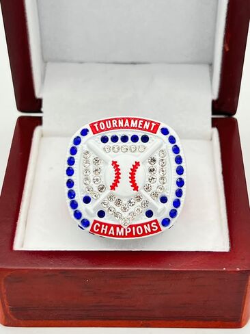 خواتم رياضية مخفضة، HOME PLATE CHAMPION RING - جسم أبيض، أحجار زرقاء، جوانب حمراء، حلقة بيسبول وطنية ممتازة للكرة اللينة / جوائز اللاعب / الفريق / حلقة البطولة 10-8 in Saudi Arabia