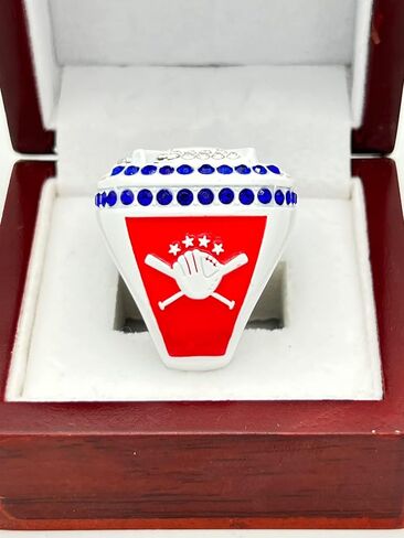 خواتم رياضية مخفضة، HOME PLATE CHAMPION RING - جسم أبيض، أحجار زرقاء، جوانب حمراء، حلقة بيسبول وطنية ممتازة للكرة اللينة / جوائز اللاعب / الفريق / حلقة البطولة 10-8 in Saudi Arabia