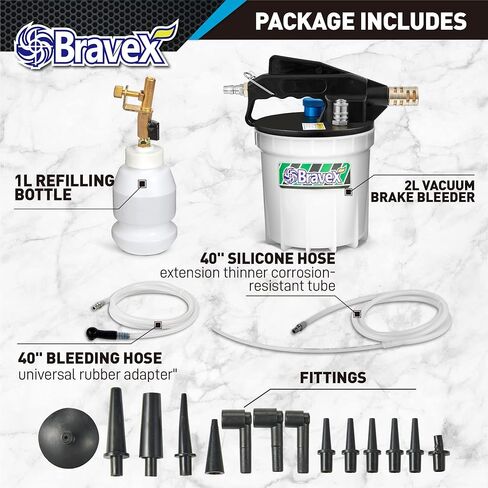 مجموعة نازف فرامل الهواء سعة 2 لتر مع مستخرج سائل الفرامل سعة 2 لتر، وزجاجة إعادة تعبئة سعة 1 لتر وخرطومين من السيليكون، ومحول مطاطي عالمي لمعظم السيارات والدراجات النارية ومركبات ATV والشاحنات in Kuwait