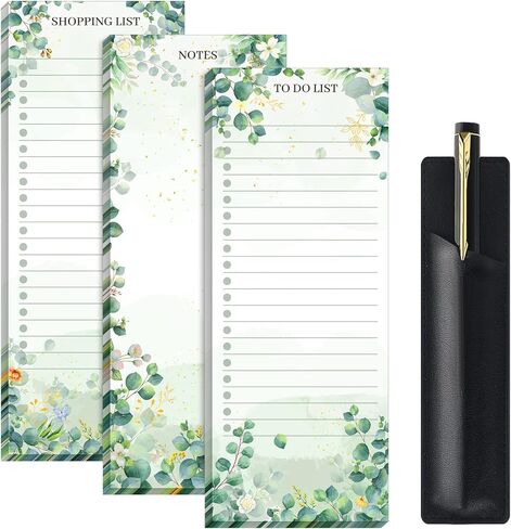 Epakh 3 Sets Magnetic Notepad List Pads Magnet Grocery Refrigerator Notepad List Pad Memo with PU Leather Pen Holder 3 x 7.9 Inch(Eucalyptus Leaf) in Kuwait