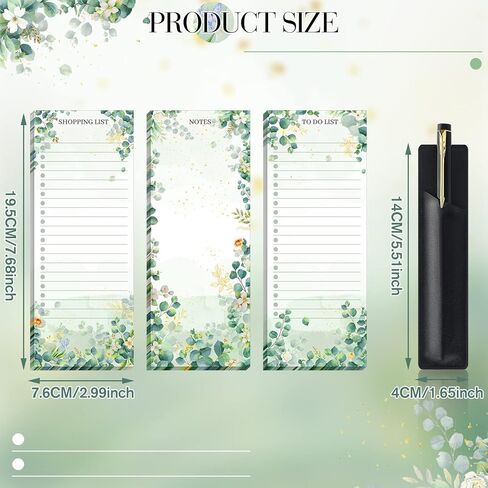 Epakh 3 Sets Magnetic Notepad List Pads Magnet Grocery Refrigerator Notepad List Pad Memo with PU Leather Pen Holder 3 x 7.9 Inch(Eucalyptus Leaf) in Kuwait